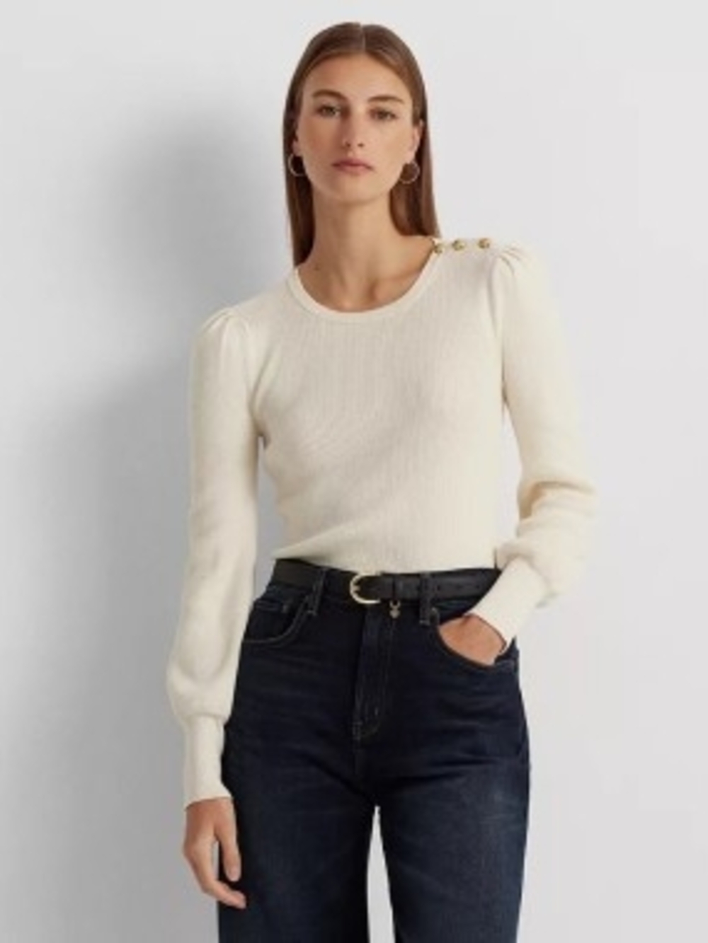 Lauren Ralph Lauren Cream Ribbed Long Sleeve Knit Top Gold Button Trim Large